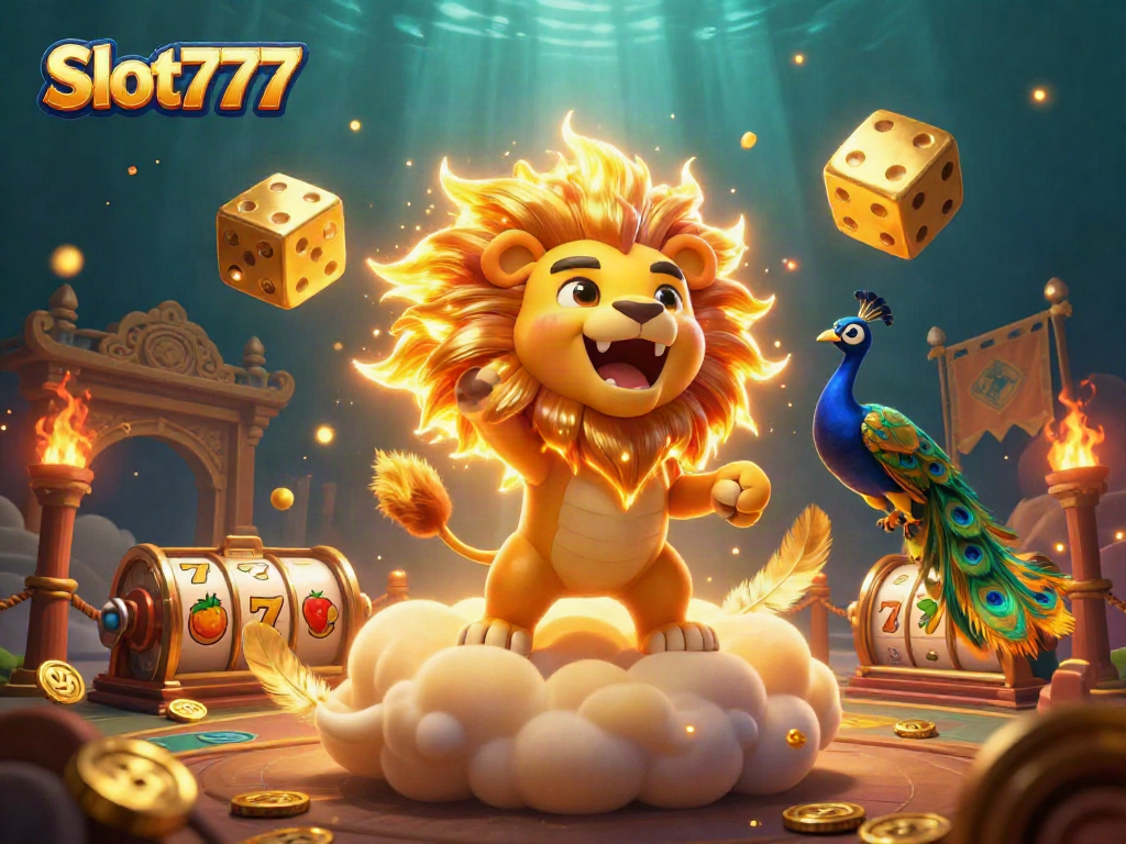 Experience thrilling Slot777 gaming with golden dice, vibrant characters, and dynamic casino elements.