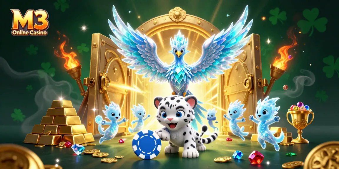 Experience thrilling moments at M3 Online Casino with an illustration of an ice phoenix and treasures.