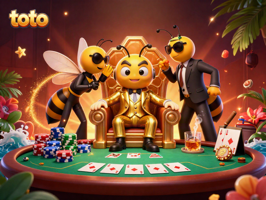 Engaging scene showcasing toto-themed poker game with a bumblebee mob boss and wasp bodyguards.