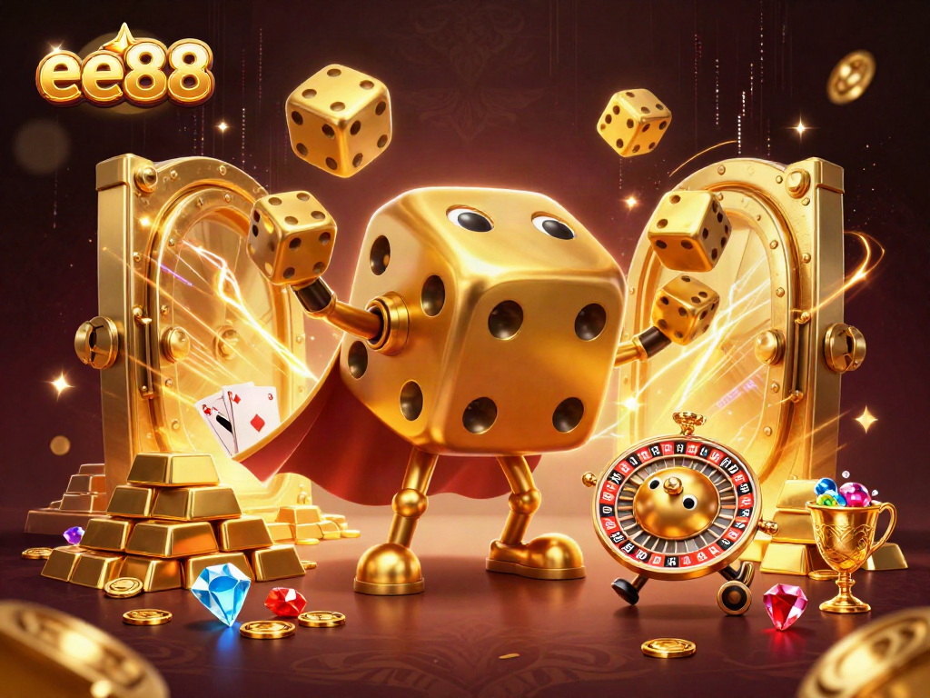 ee88 rolls golden dice in a vibrant 3D casino scene filled with jewels and treasures.