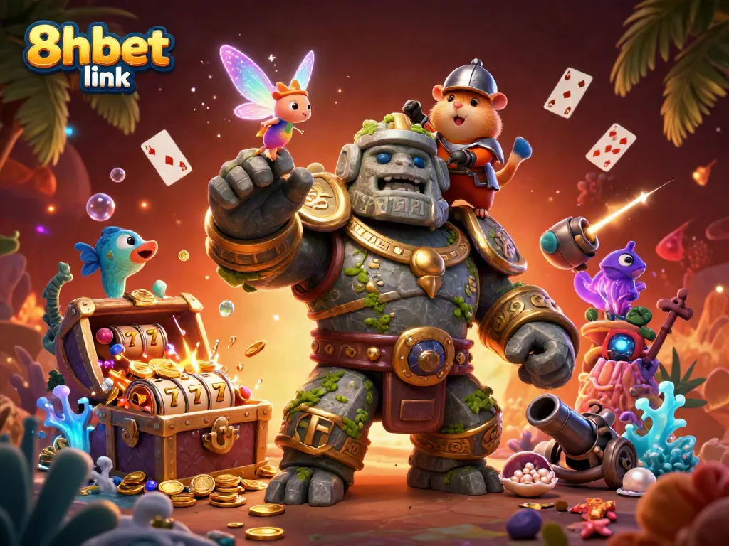 Experience the thrill of gaming with 8xbet link in a vibrant, magical 3D casino scene filled with excitement.