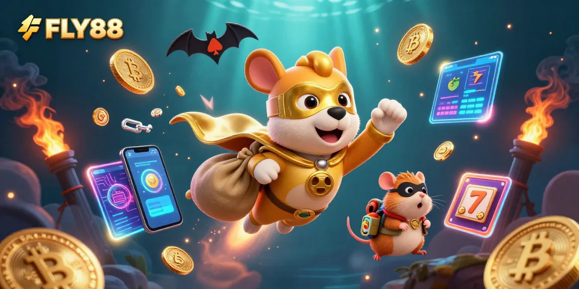 FLY88 enhances your casino experience with a superhero dog flying through the air with gold coins.