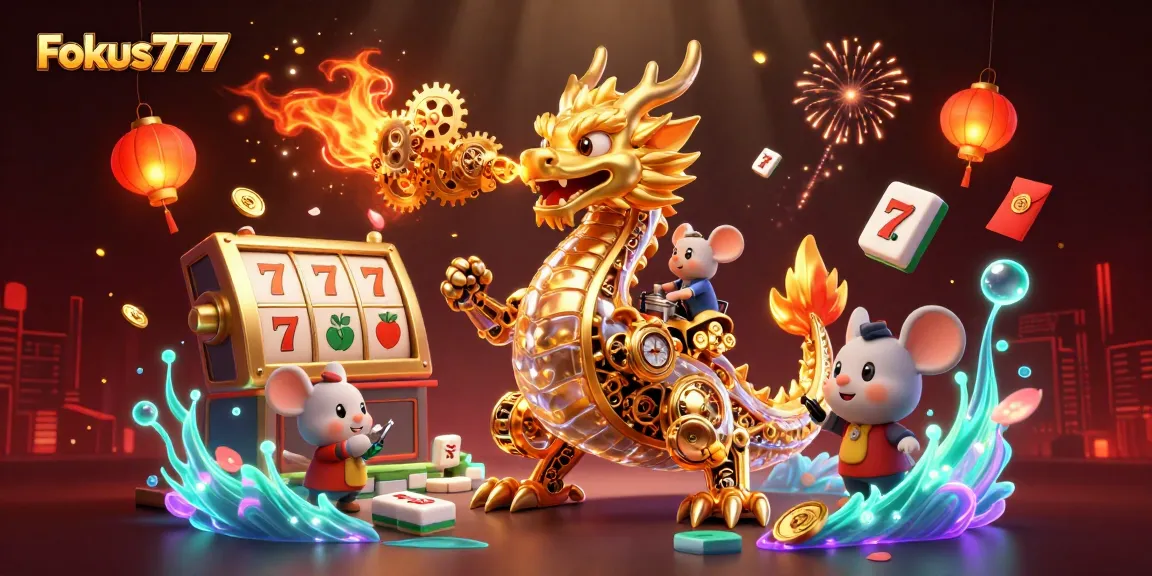 Engage with Fokus777 via a dynamic 3D casino illustration featuring a biomechanical dragon amidst slot games.