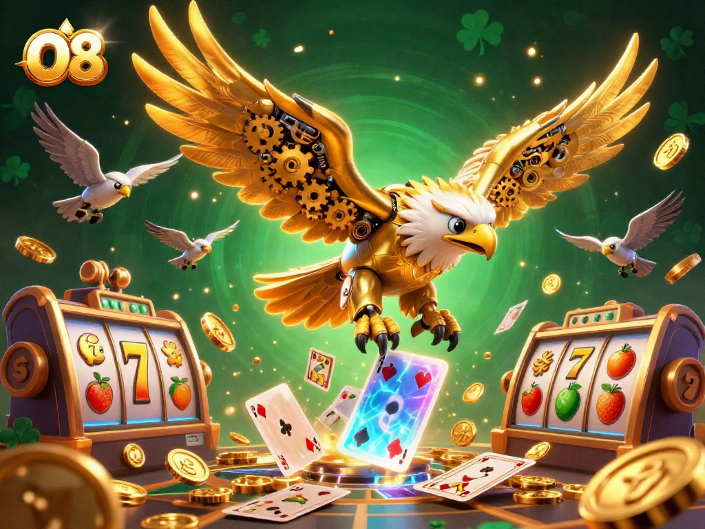 Engage with O8's thrilling luck through a golden eagle soaring amidst slot reels and jackpots.