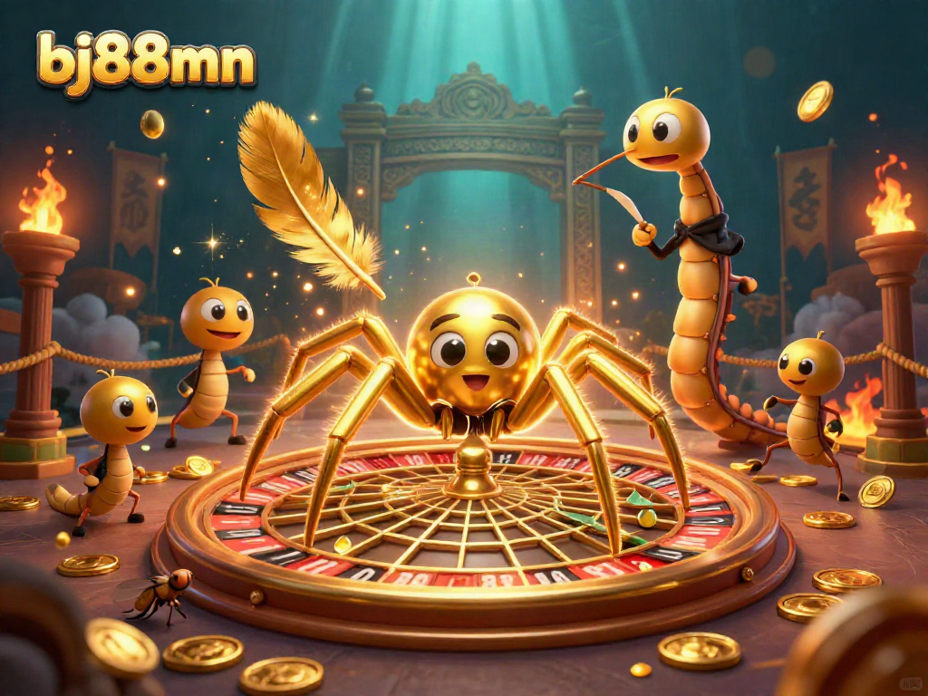 Experience the excitement of gambling with bj88mn, showcasing a golden spider in a roulette web.
