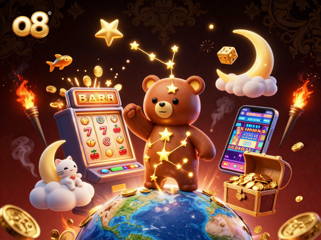 Experience thrilling wins at o8 with a cosmic scene of a golden bear and casino excitement.