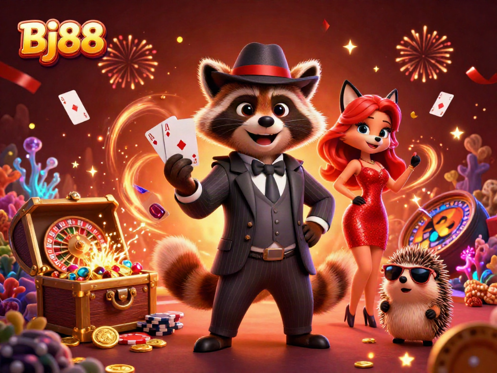 Bj88 offers immersive gameplay with raccoon and fox characters amidst lively casino elements.