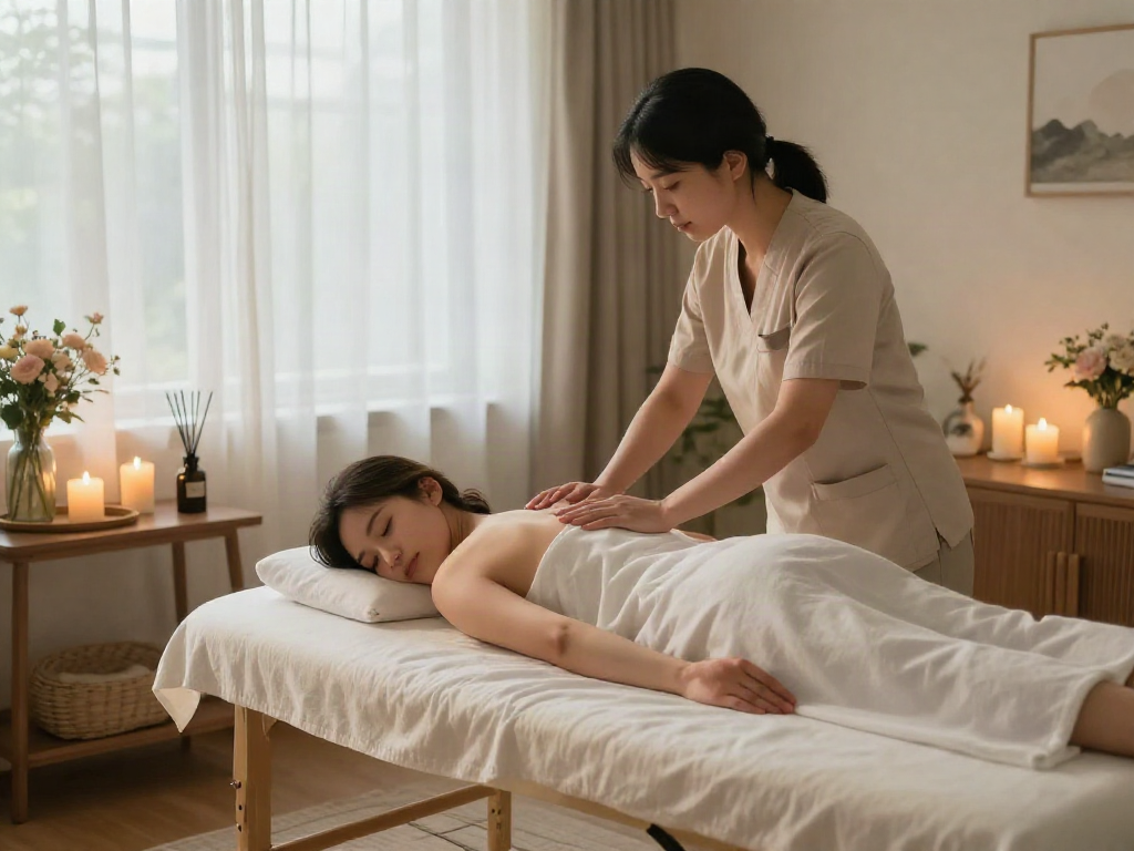 Relaxing 양주출장마사지 session in a tranquil home setting with soft lighting and serene atmosphere.