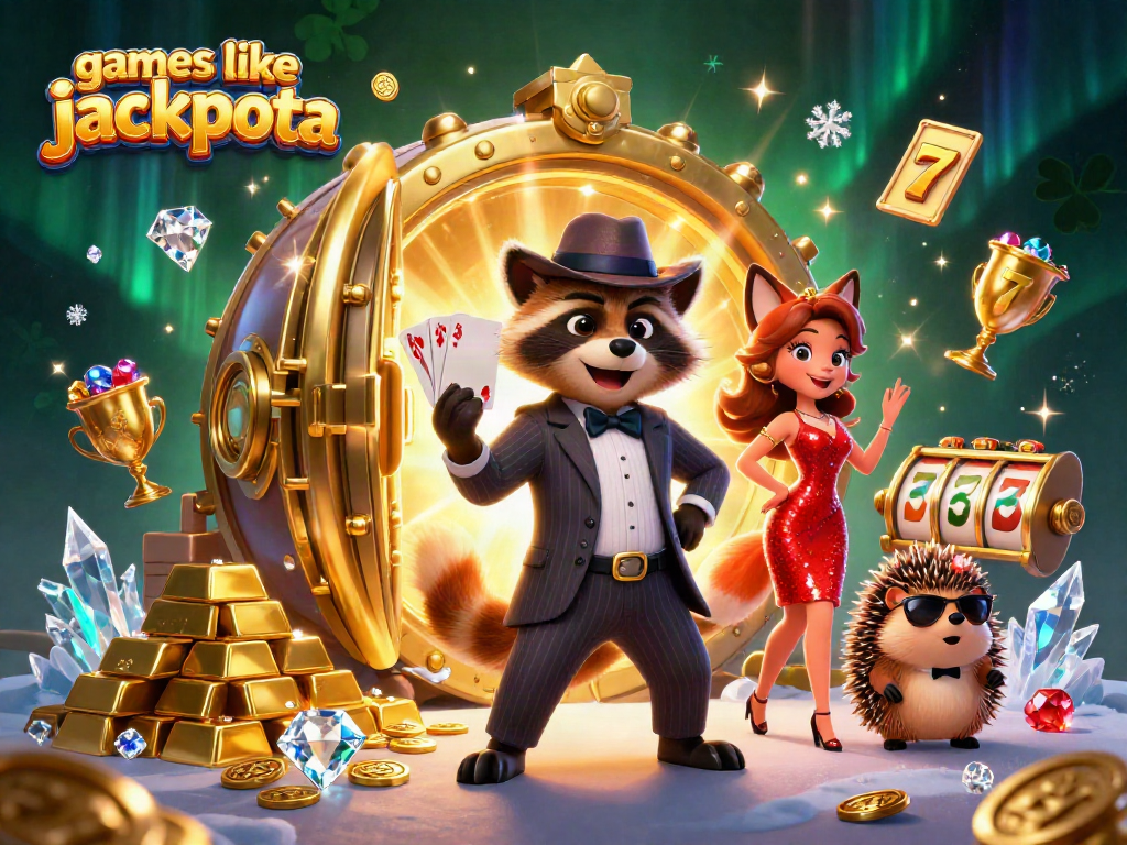 Experience games like jackpota with a regal raccoon, dazzling fox lady, and hedgehog bouncer amidst gold treasures.