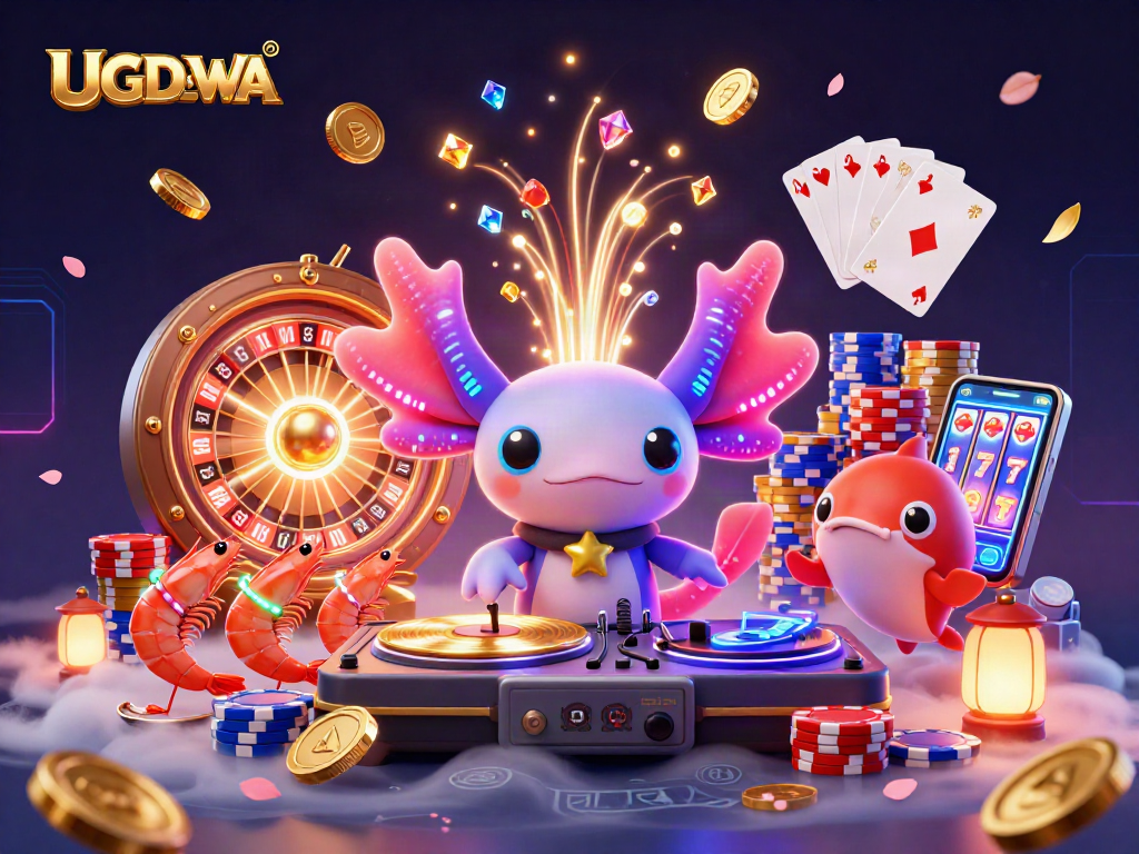 Spin with UGDEWA's vibrant 3D casino experience featuring axolotl DJ and dazzling game elements.