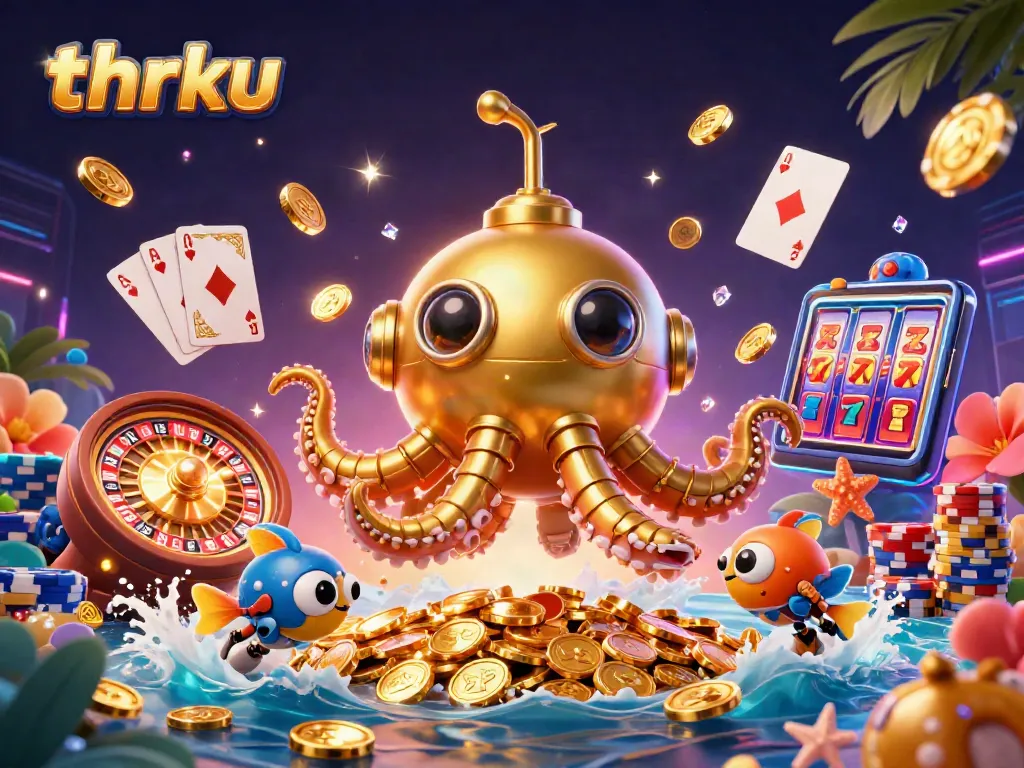 Spin the thrill with thrku's golden kraken submarine amidst coins and casino excitement.