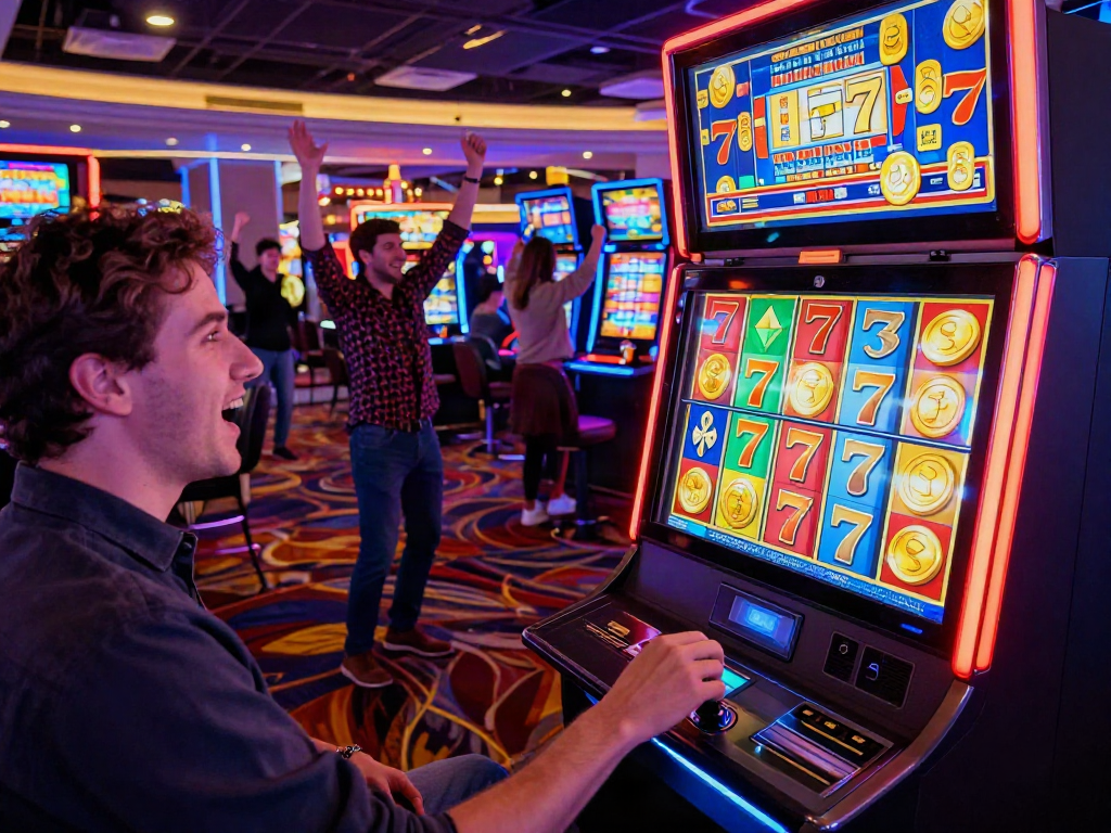 Player enjoying a Lucky777 slot machine with vibrant casino atmosphere.