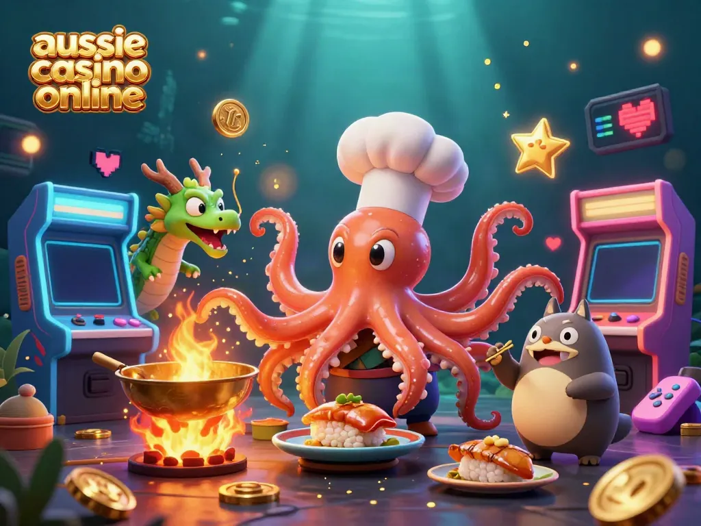 Experience the excitement of aussie casino online with a vibrant 3D scene featuring unique characters and gaming elements.