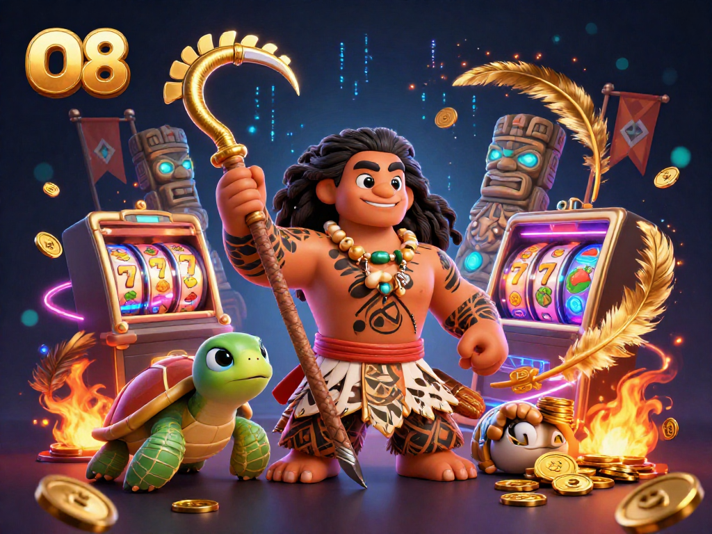 Spin to win with O8 at the casino featuring a hawk and turtle in vibrant 3D art.