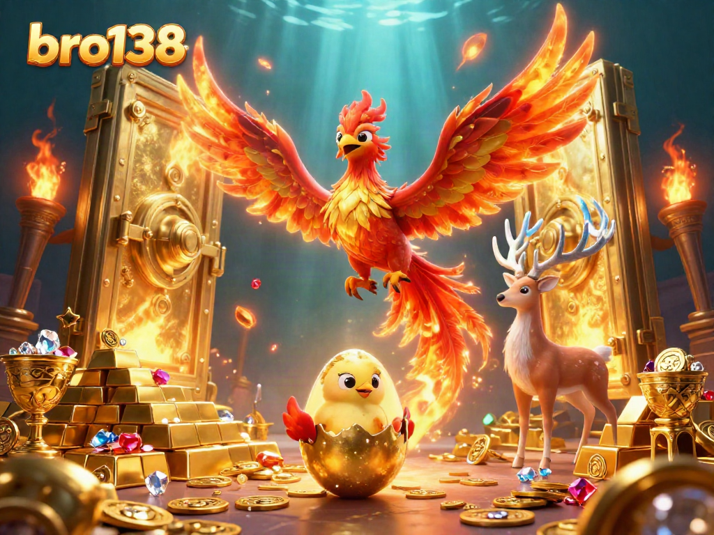 Spin the reels at bro138 and witness the fiery phoenix alongside treasures of gold and gems in this vibrant casino scene.
