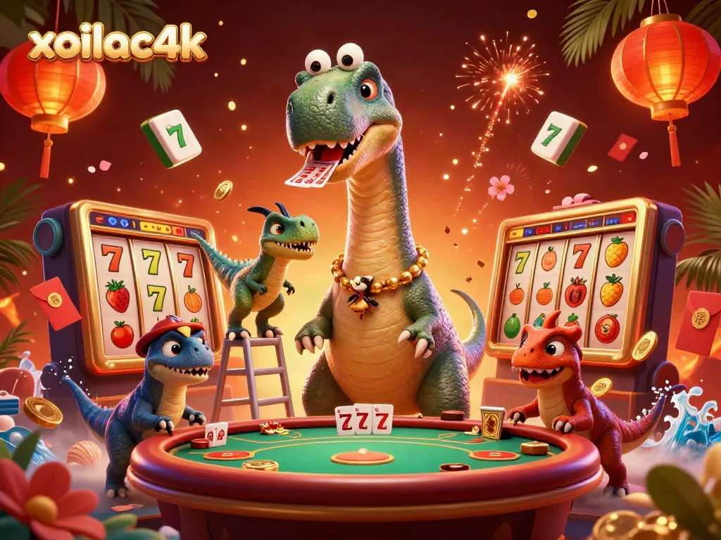 Experience thrilling gameplay with xoilac4k in this vibrant casino scene featuring a playful brontosaurus and raptor dealers.