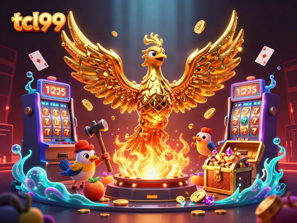 Tackle your luck with tcl99 in a vibrant 3D casino-themed illustration featuring a golden phoenix.