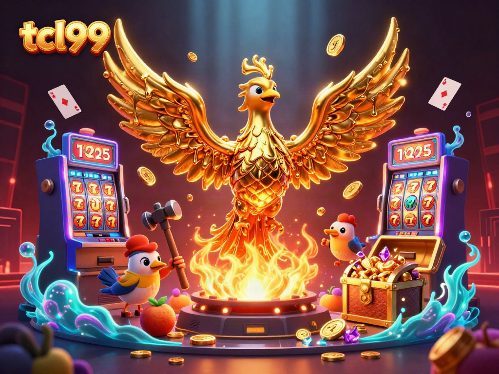 Tackle your luck with tcl99 in a vibrant 3D casino-themed illustration featuring a golden phoenix.
