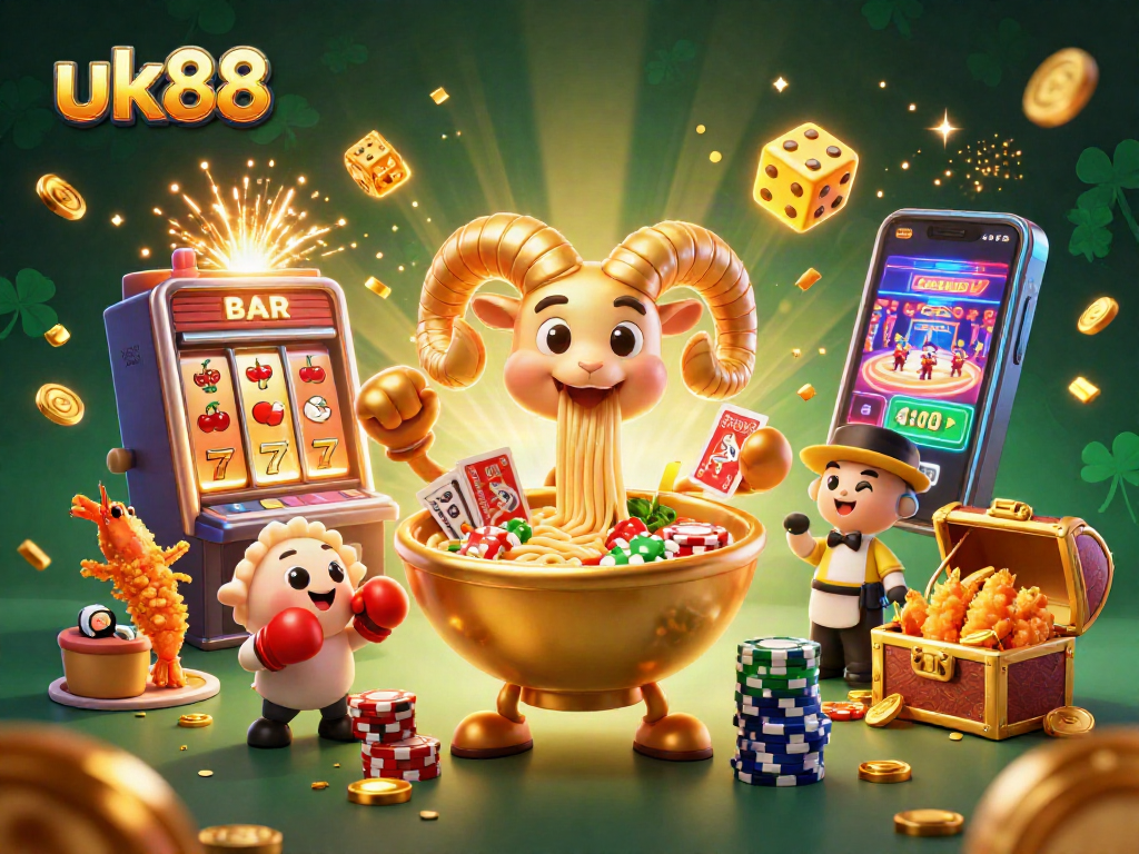 Experience the vibrant energy of uk88 with a colorful casino scene featuring dynamic characters and exciting game elements.