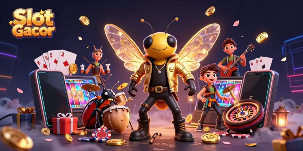 Experience the excitement of Slot Gacor with vibrant characters and gambling elements in a captivating scene.