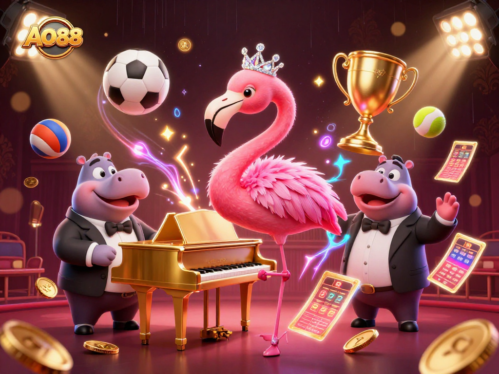 Win big at AO88 with a vibrant casino scene featuring a flamingo singer and animated sports elements.
