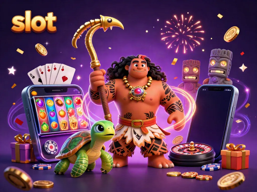 Engage with the slot excitement alongside a demigod and turtle in an immersive casino scene.
