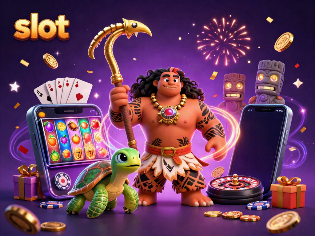 Engage with the slot excitement alongside a demigod and turtle in an immersive casino scene.