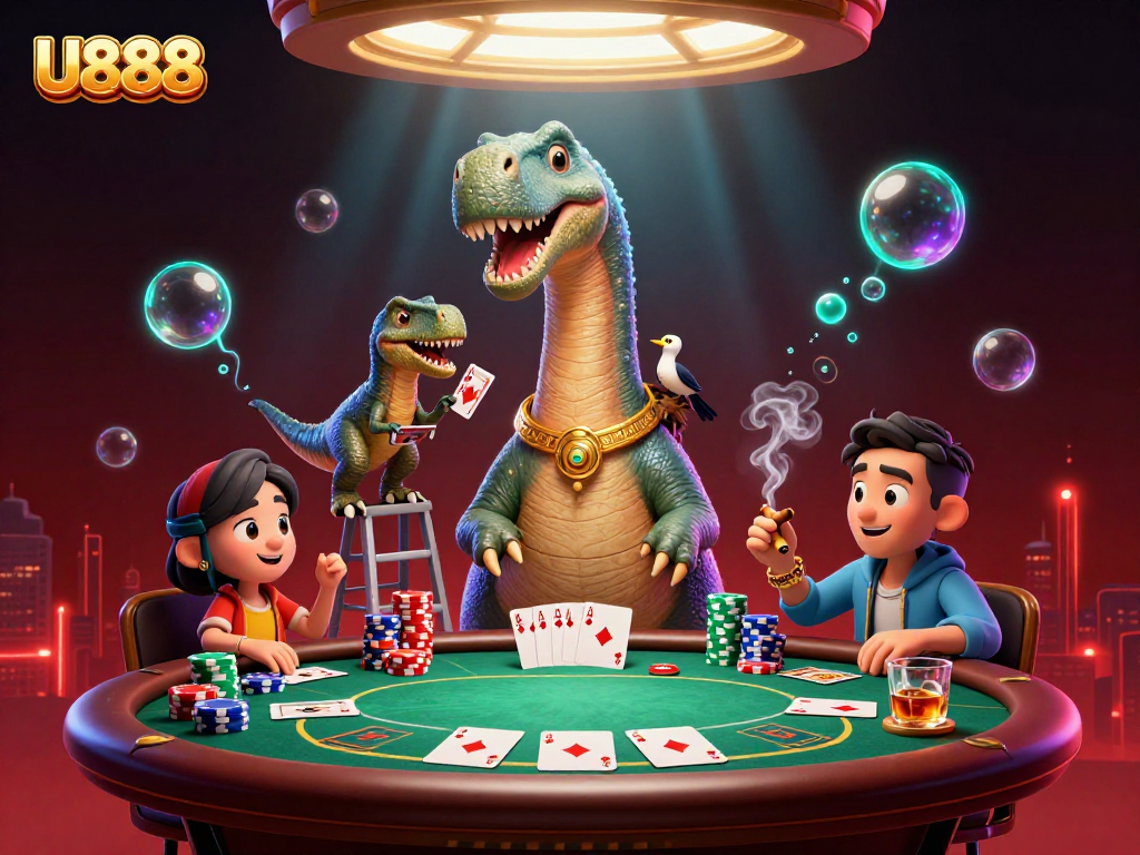 Engage with U888's lively gaming scene showcasing a towering brontosaurus, raptor dealer, and colorful poker elements.