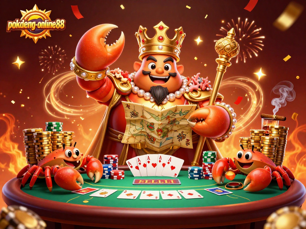 Engage with the stunning gameplay at pokdeng-online88, featuring a golden crab emperor in a vibrant poker scene with chips and cards.