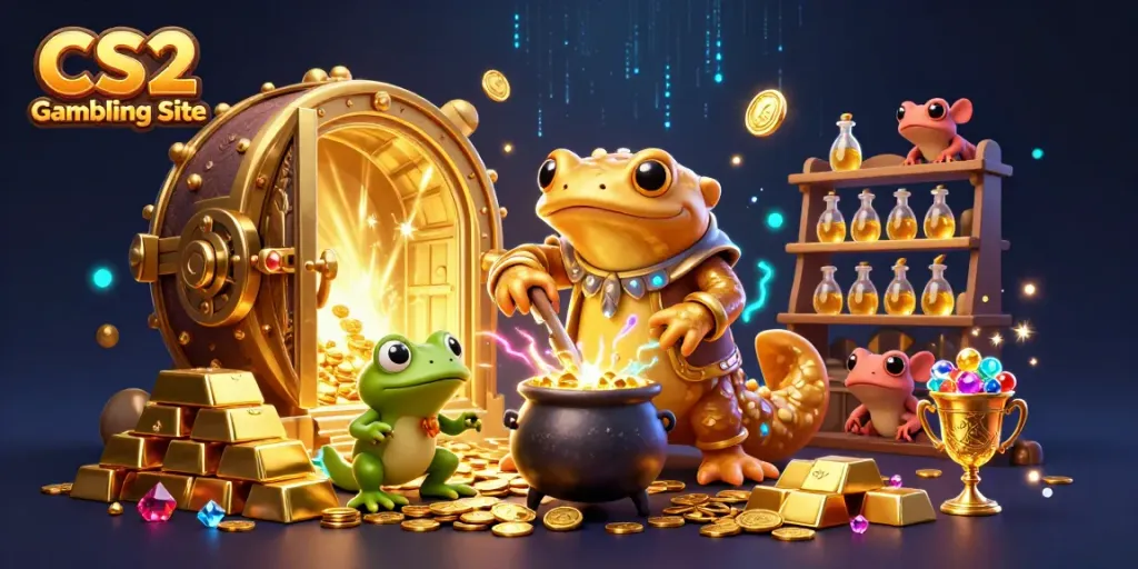 CS2 Gambling Site illustration featuring cartoon characters in a golden laboratory with treasure elements.