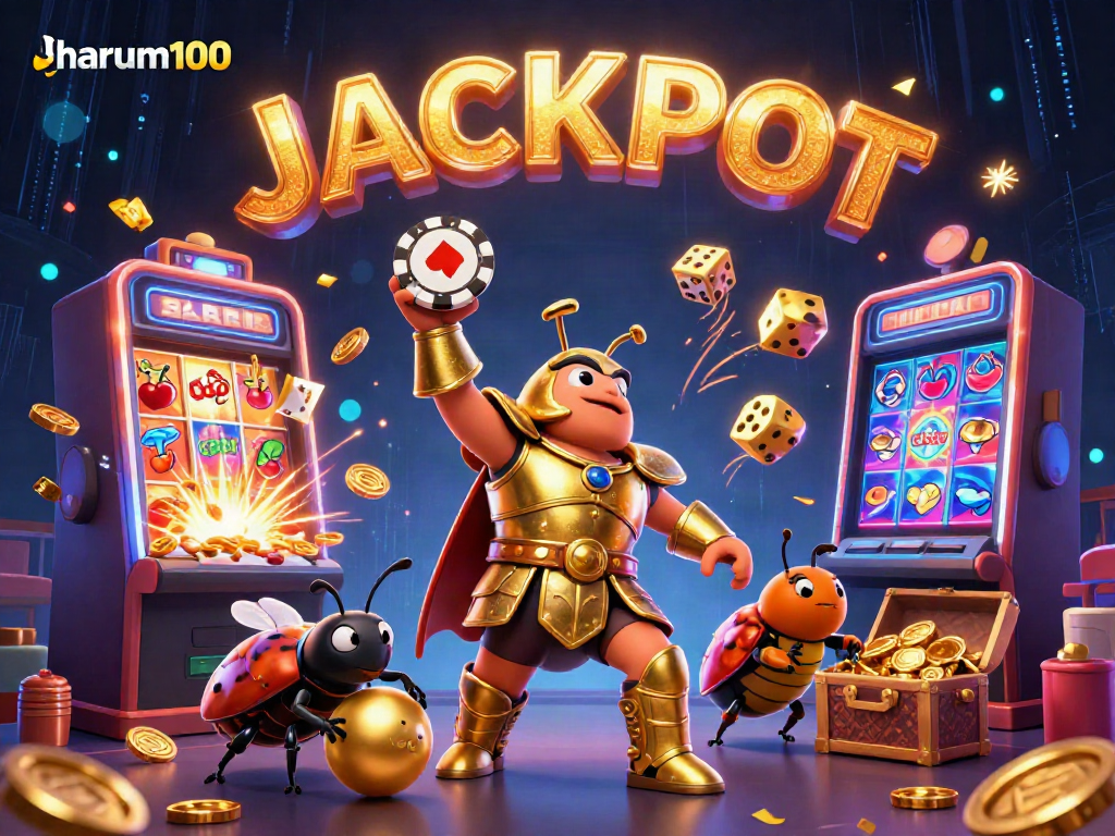 Permainan kasino menarik dengan istilah harum100 dan simbol jackpot cerah yang mengelilingi karakter lucu.