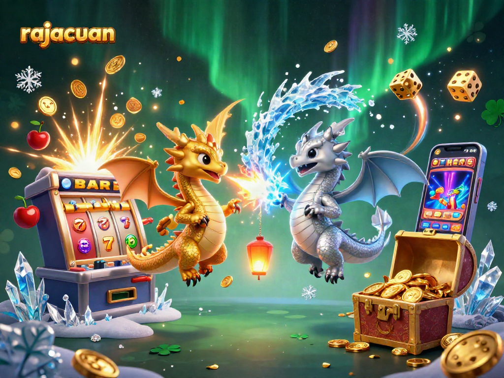 Experience rajacuan's thrilling jackpots among majestic dragons in a vibrant casino scene.