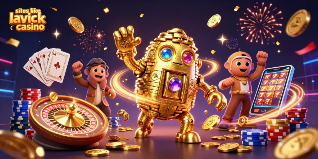 Experience the thrill of games like Lavish Luck Casino with a vibrant 3D illustration showcasing fun gaming elements.