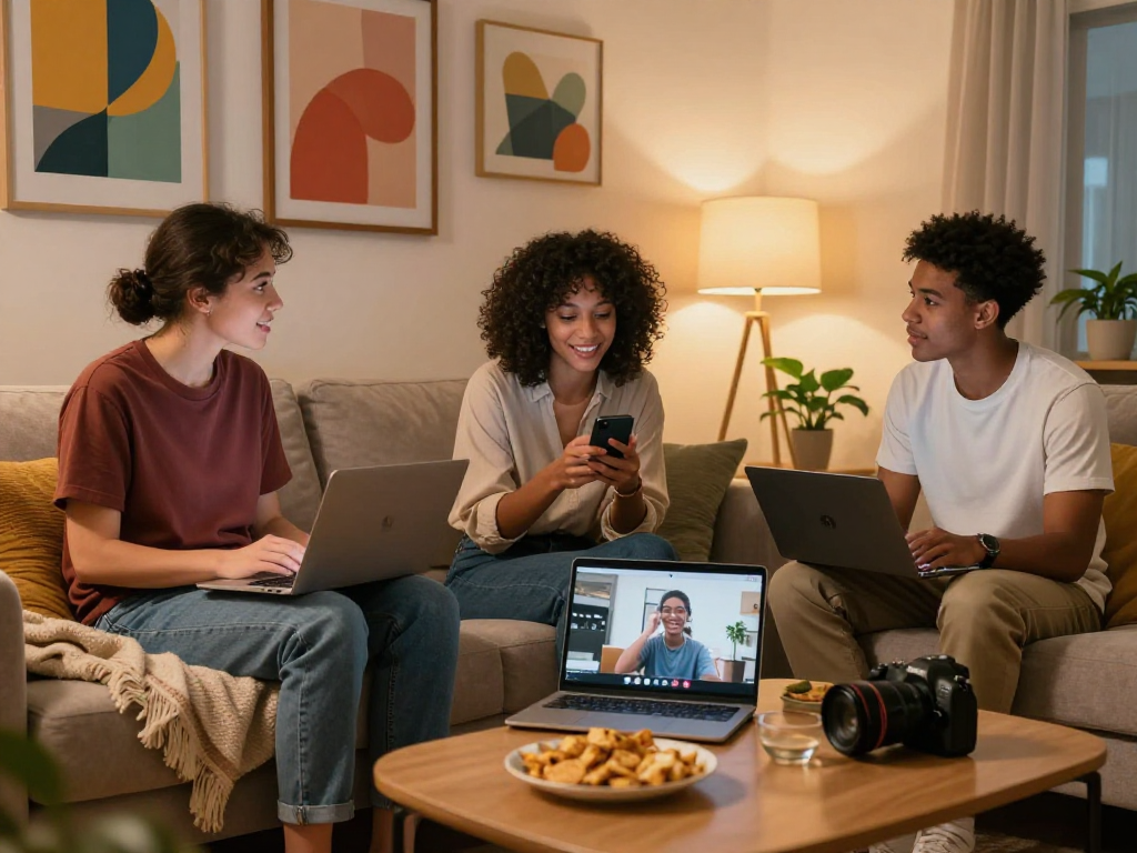 Friends enjoying a spicy chat in a cozy living room setting with modern gadgets and snacks.