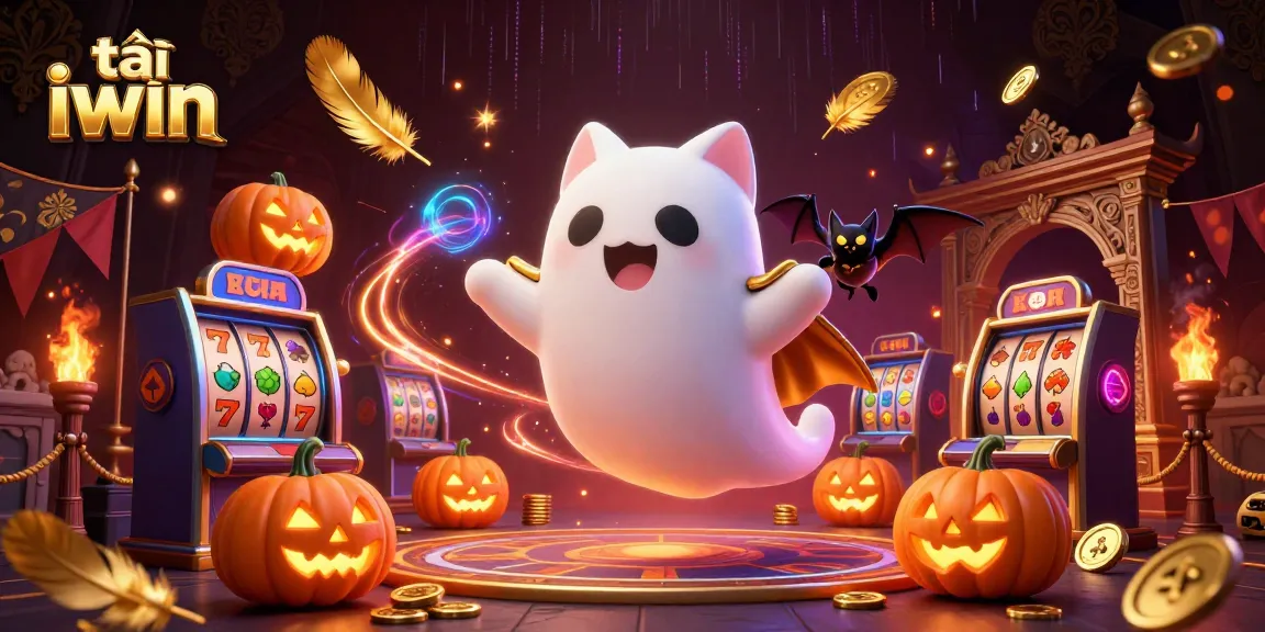 Experience the magic of tải iwin with a ghost cat and vampire bat in a haunted casino scene.