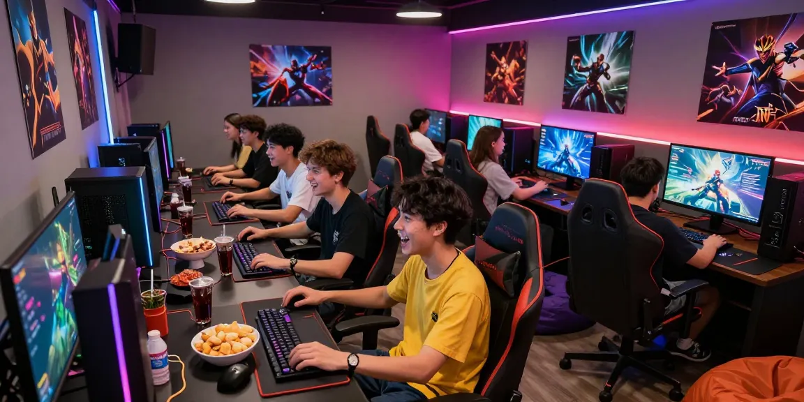 Go8 gaming lounge with friends enjoying a multiplayer session, vibrant lighting and engaging atmosphere.