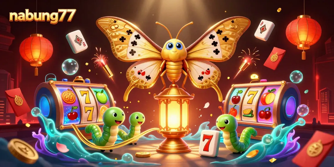 Play exciting casino games at nabung77 featuring a vivid 3D illustration of vibrant slot reels and a majestic moth.