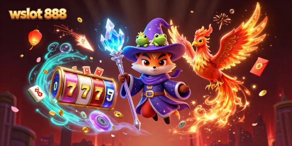 Gambarkan aksi di slot gacor wslot 888 dengan simbol keberuntungan dan karakter fantastis di latar belakang