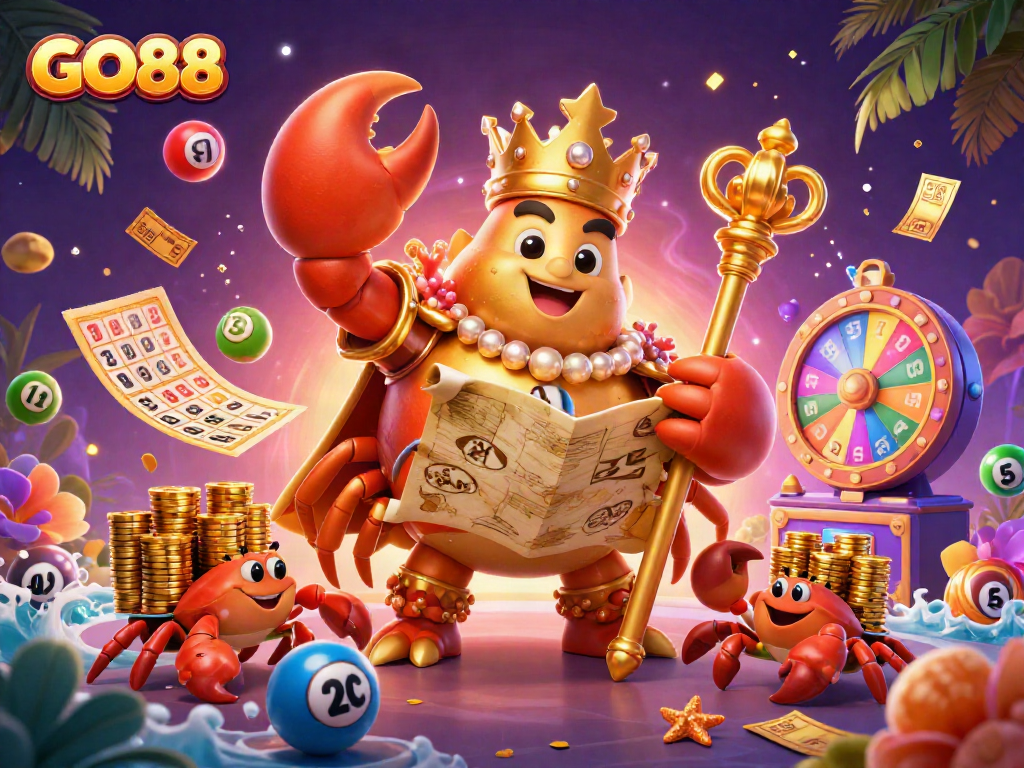 Engage with GO88's thrilling casino experience featuring a golden crab and vibrant game elements.