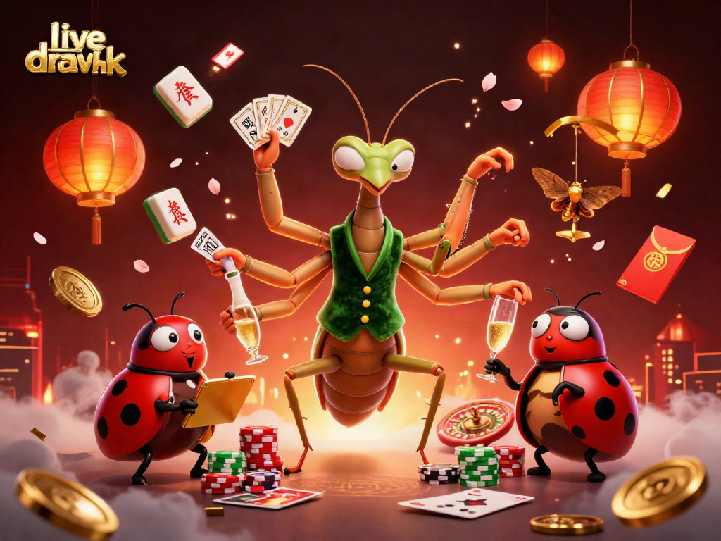 Engage in the excitement of live draw hk with our animated casino scene featuring a lively praying mantis dealer.