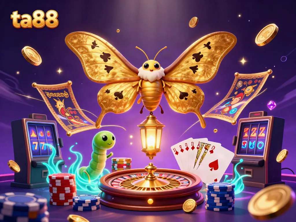 Engage in thrilling gaming at ta88 with a vibrant scene of a golden-winged moth amidst casino elements.
