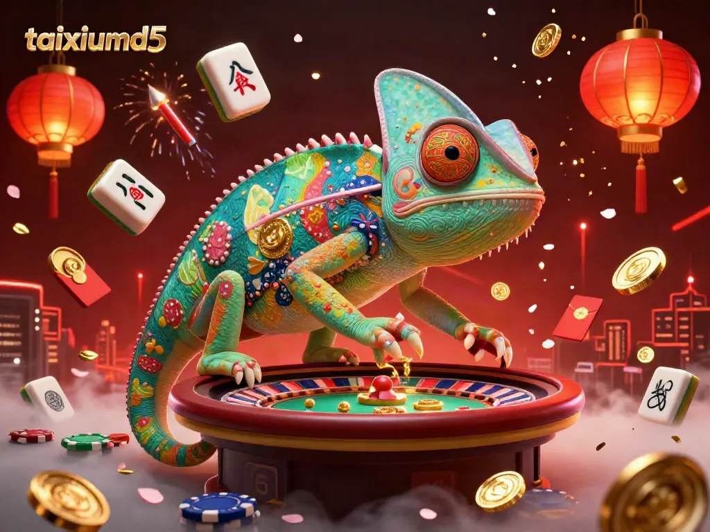 Experience the lively taixiumd5 casino with a vibrant chameleon owner and festive gaming elements.
