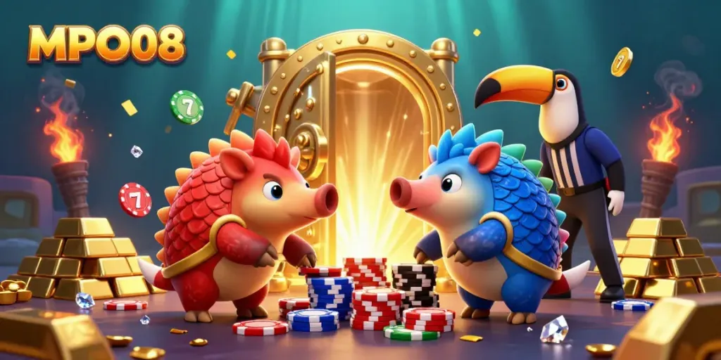 MPO08 offers an interactive casino experience with animated pangolins bowling and vibrant slot elements.