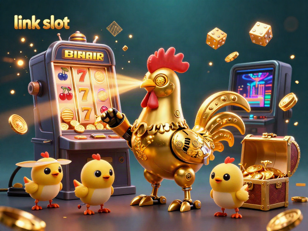 Engage with the excitement of the latest link slot games in a vibrant casino scene filled with playful characters.