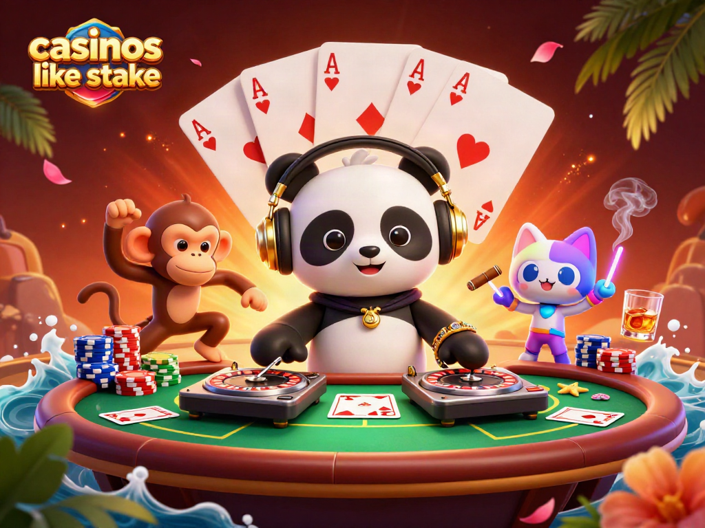 Engaging scene of casinos like stake with DJ panda and dancing characters in vibrant casino setting