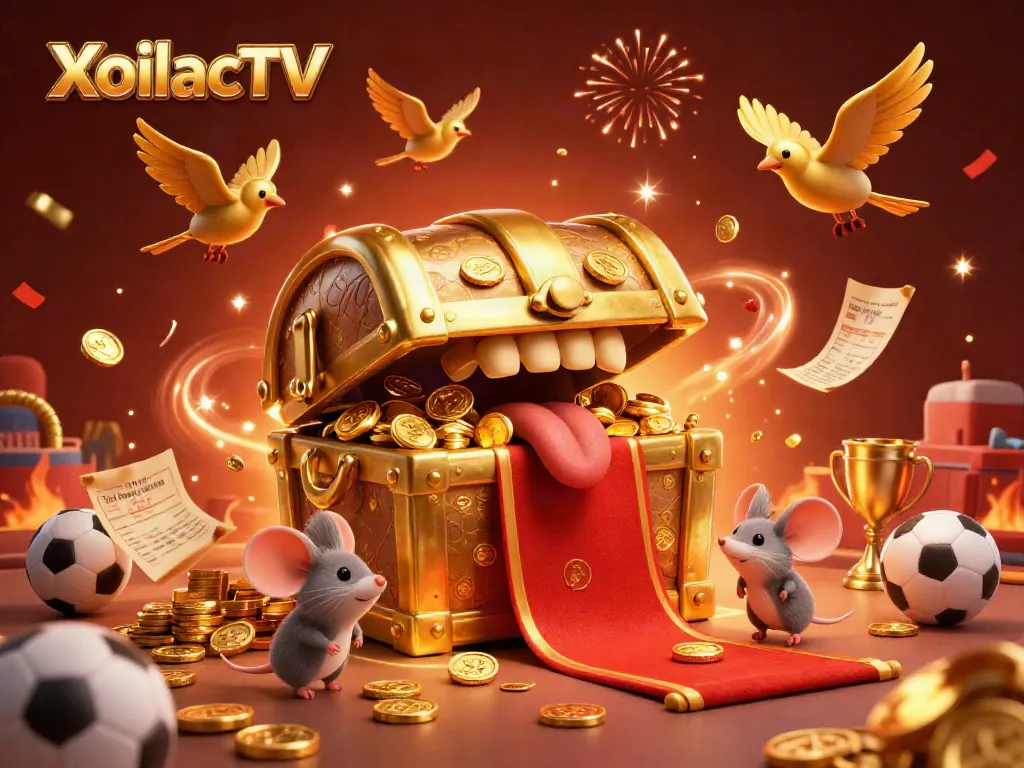XoilacTV captures the excitement of sports betting with vibrant illustration of golden treasure chest and dynamic game elements.