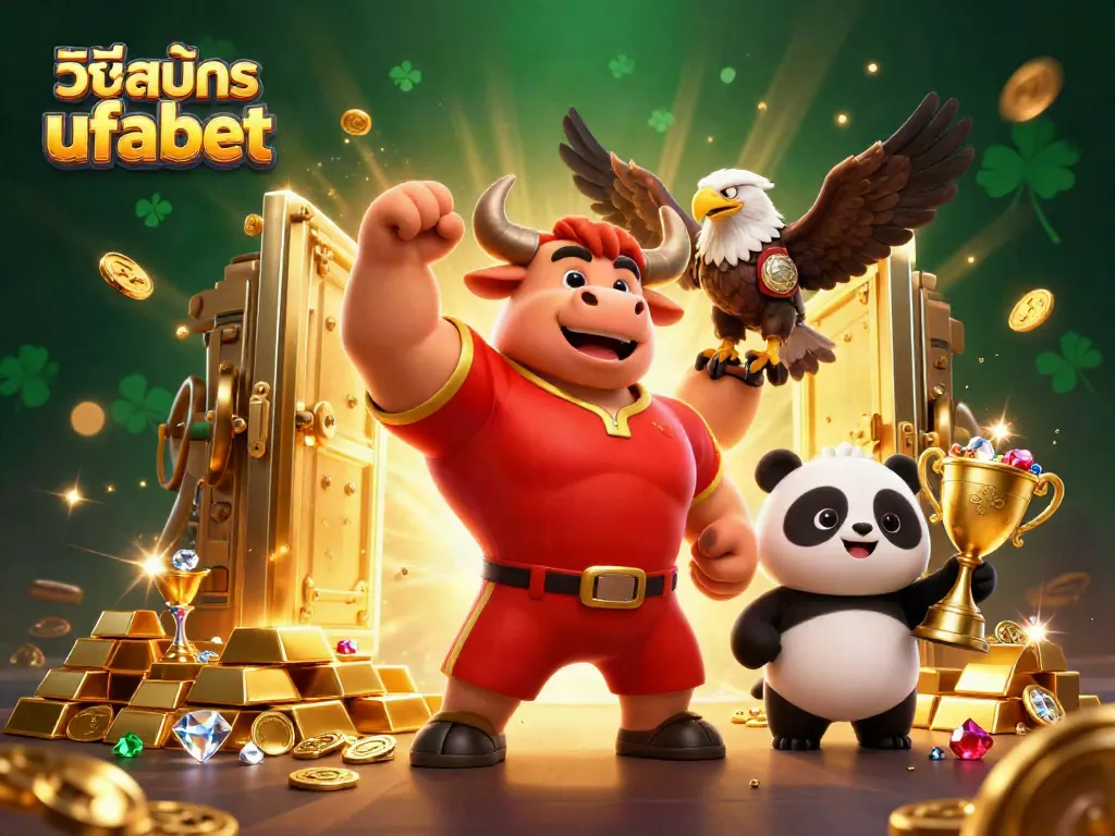 Engage in วิธีสมัคร ufabet with vibrant 3D characters celebrating victory, surrounded by gold and gems.
