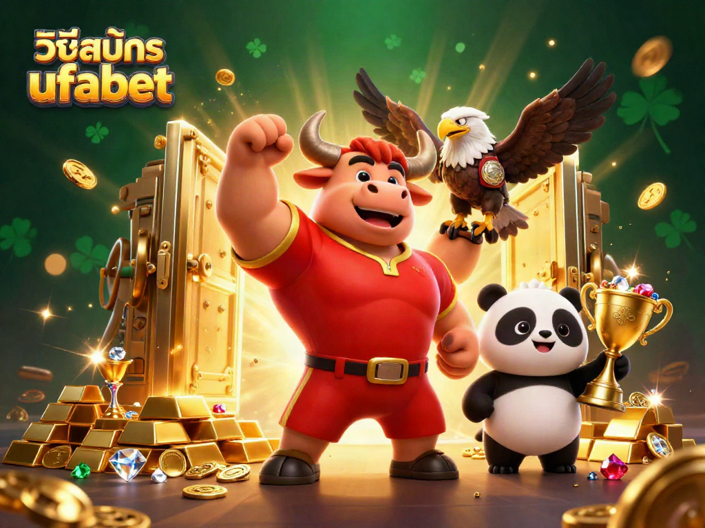 Engage in วิธีสมัคร ufabet with vibrant 3D characters celebrating victory, surrounded by gold and gems.