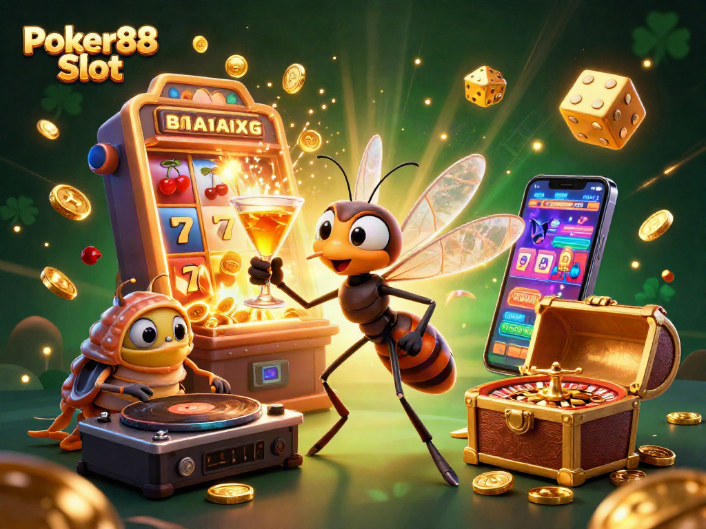 Experience the excitement of Poker88 Slot with a vibrant casino scene featuring characters and dynamic game elements.