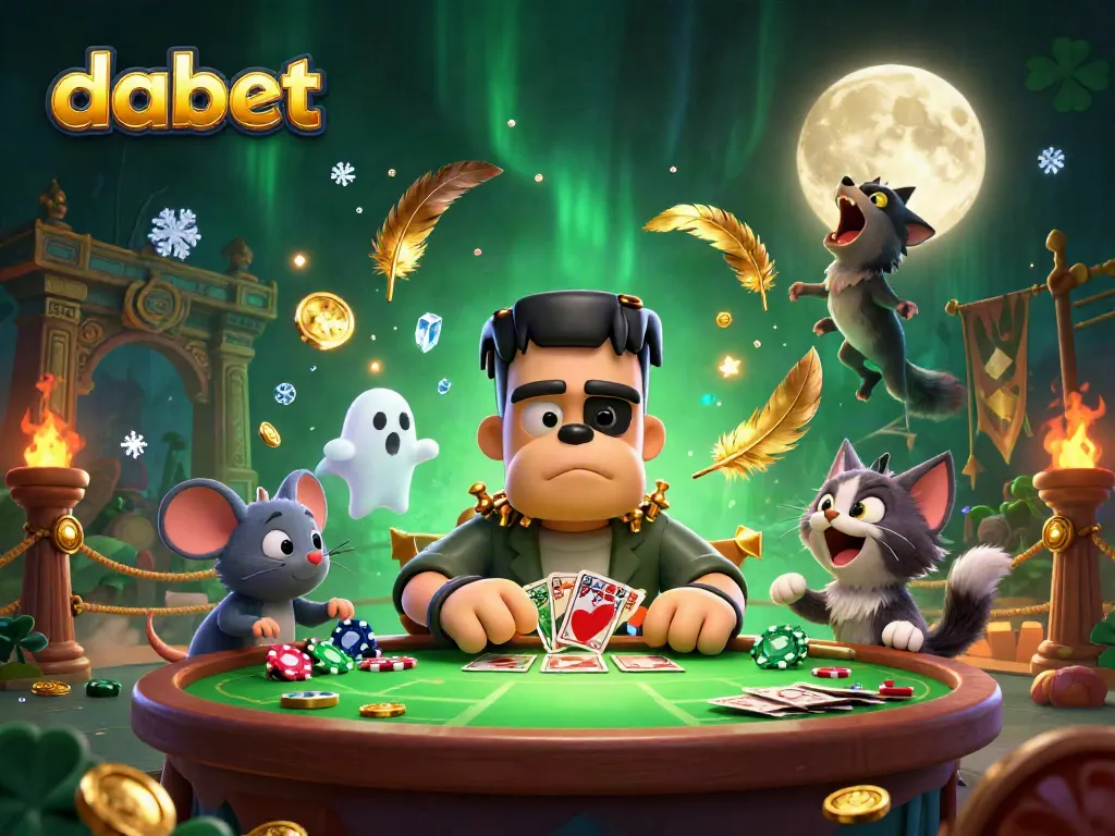 Dabet features a lively scene with a Frankenstein bulldog dealing cards, illuminating the thrilling online casino vibe.